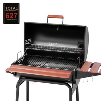 Image showing  Barrel Charcoal Grill with Wood-Painted Side and Front Table, 627 sq. in., Black