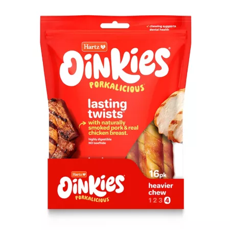 Oinkies Hartz Pig Skin Twists with Chicken Dog Chew Treats 16 ct Dog Bones Rawhide & Rawhide Alternative