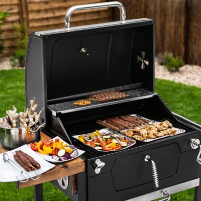 Image showing  BBQ Barrel Charcoal Grill with Handle and Folding Table, 490 sq. in., Black