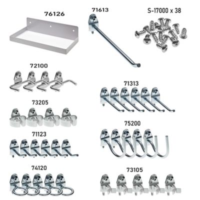 Image showing  12 In. W x 6 In. D White Epoxy Coated Steel Pegboard Shelf with 36 pc. DuraHook Assortment