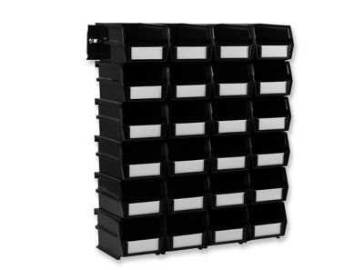 Triton Products Wall Storage Unit with (24) 5-3/8 in. L x 4-1/8 in. W x 3 in. H Black Interlocking Poly Bins & Wall Mount Rails