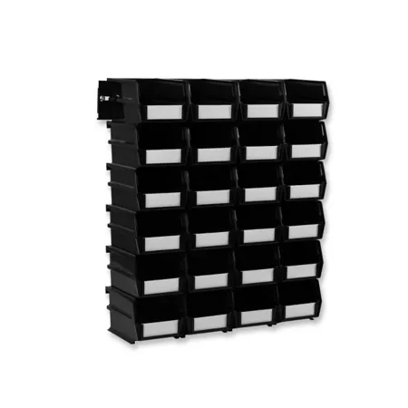 Triton Products Wall Mounted Storage Unit with (24) 5 3/8" L x 4 1/8" W x 3" H Black Interlocking Polyethylene Bins and Wall Mounting Rails Storage Bins