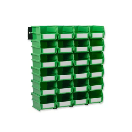 Triton Products Wall Mounted Storage Unit with (24) 5 3/8" L x 4 1/8" W x 3" H Green Interlocking Poly Bins and Wall Mounting Rails Storage Bins