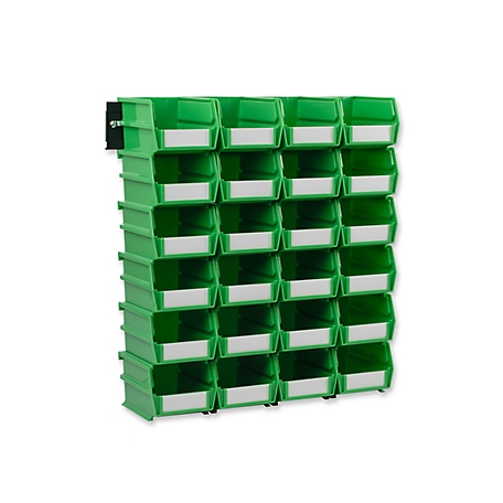 Triton Products Wall Storage Unit with (24) 5-3/8 in. L x 4-1/8 in. W x 3 in. H Green Interlocking Poly Bins & Wall Mount Rails