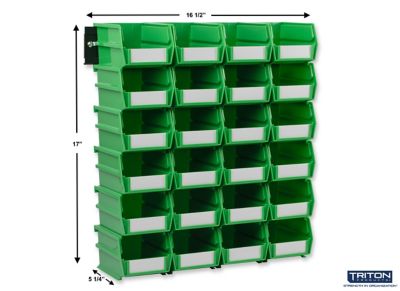 Image showing  Wall Storage Unit with (24) 5-3/8 in. L x 4-1/8 in. W x 3 in. H Green Interlocking Poly Bins & Wall Mount Rails
