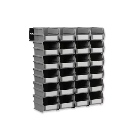 Triton Products Wall Mounted Storage Unit with (24) 5 3/8" L x 4 1/8" W x 3" H Gray Interlocking Polyethylene Bins and Wall Mounting Rails Storage Bins