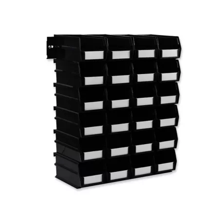 Triton Products Wall Mounted Storage Unit with (24) 7 3/8" L x 4 1/8" W x 3" H Black Nesting Bins and Wall Mounting Rails Storage Bins