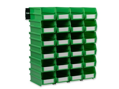 Triton Products Wall Storage Unit with (24) 7-3/8 in. L x 4-1/8 in. W x 3 in. H Green Interlocking Bins & Wall Mount Rails