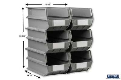 Image showing  14-3/4 in. L x 8-1/4 in. W x 7 in. H Gray Stacking, Hanging, Interlocking Polypropylene Bins, 6 CT