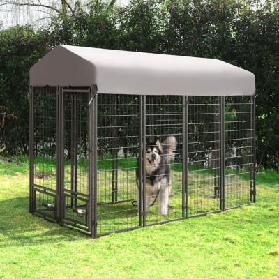 Veikous 4 ft. x 8 ft. Outdoor Dog Kennel In-Ground Fence with Rotating Feeding Door and Cover