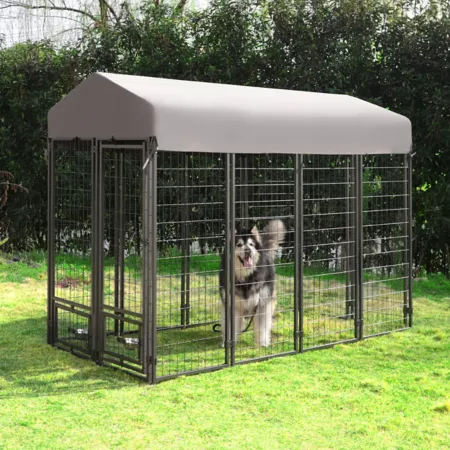 Veikous 4' x 8' In-Ground Welded Wire Outdoor Kennel Fence with Rotating Feed Gate and Cover Dog Kennels