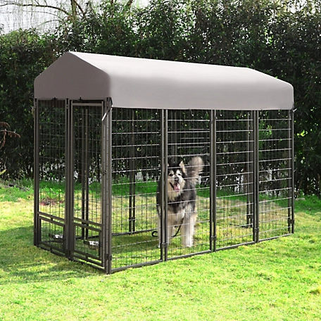 Veikous 4 ft. x 8 ft. Welded Wire Outdoor Dog Kennel In-Ground Fence with Rotating Feeding Door and Cover