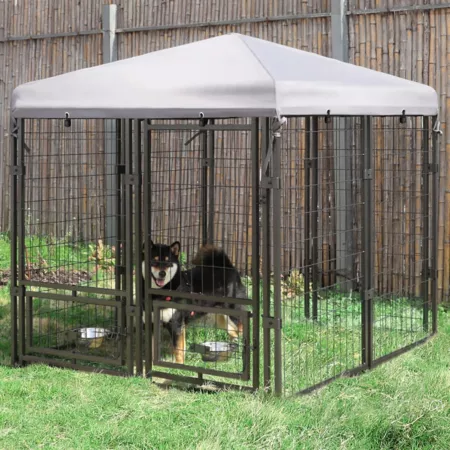 Veikous 4.5' x 4.5' Outdoor Dog Kennel Fence with Rotating Feeding Door and Cover Dog Kennels