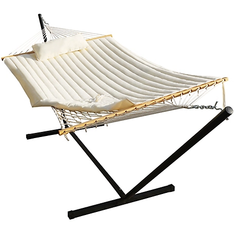 Veikous Quilted Hammock Bed with Detachable Pillow and Stand, Cream White