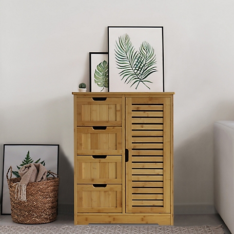 Veikous Bamboo Bathroom Storage Cabinet with Drawers and Cupboard