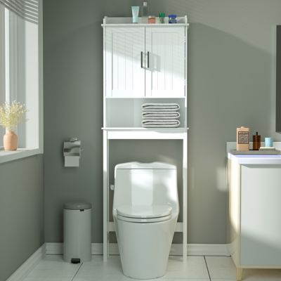 Veikous Bathroom Over the Toilet Storage Cabinet Organizer with Doors and Shelves, 7.4 in. D x 22.4 in. W x 66.9 in. H, White