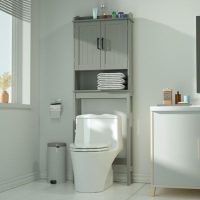 Veikous Bathroom Over the Toilet Storage Cabinet Organizer with Doors and Shelves, 7.4 in. D x 22.4 in. W x 66.9 in. H, Gray