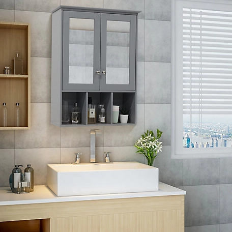 Veikous Oversized Bathroom Medicine Cabinet Wall Mounted Storage with Mirrors and Adjustable Shelves, Gray