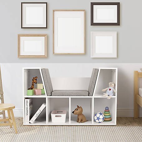 Veikous Kids Furniture Child Storage Cabinet Open Bookcase Reading Nook with Cushions