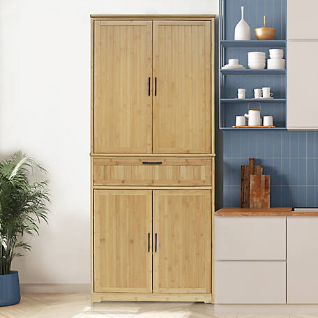 Veikous 72 in. H Bamboo Kitchen Storage Pantry Cabinet Closet with Doors and Adjustable Shelves