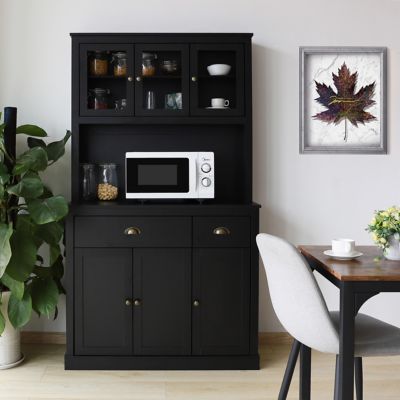 Veikous Kitchen Pantry Hutch Cabinet Storage with Buffet Cupboard Microwave Stand and Adjustable Shelves, Black