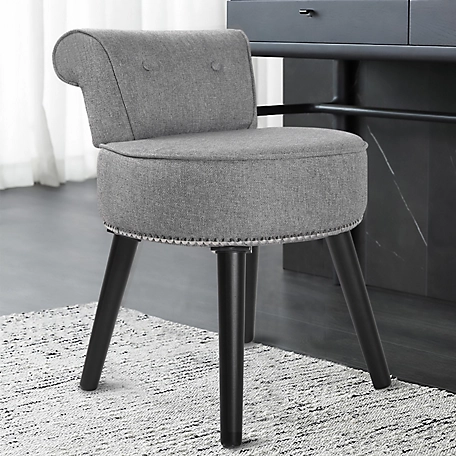 Veikous Vanity Chair Wood Round Linen Upholstered Stool, 17.3 in. W x 15.7 in. D x 25.1 in. H
