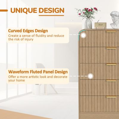 Image showing  5-Drawer 31.5 in.W MDF Chest of Drawers, Waveform Fluted Design Bedroom Dresser