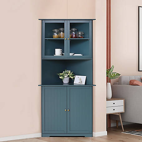 Veikous 71 in. H Corner Linen Cabinet Storage with Adjustable Shelves and Glass Doors, Blue