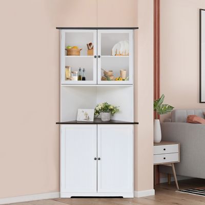 Veikous 71 in. H Corner Linen Cabinet Storage with Adjustable Shelves and Glass Doors, White