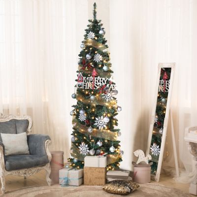 Veikous 7.5 ft. Pre-Lit LED Pencil Slim Artificial Christmas Tree with Warm White Light, Green
