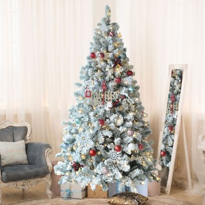 Veikous Pre-lit Christmas Tree Snow Flocked/Artificial with Lights and Metal Stand, 6.5FT/7.5FT