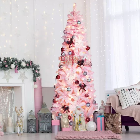 Veikous 6 Feet LED Lighted Artificial Christmas Tree Crayon with Warm White Lights Pink Artificial Christmas Trees