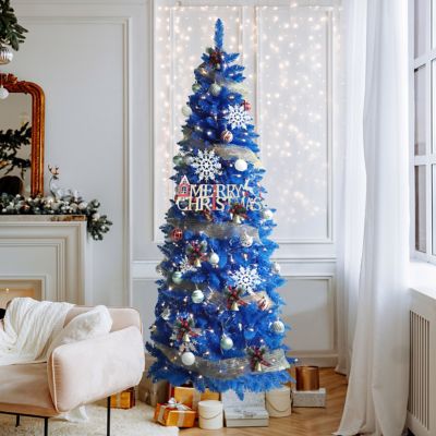 Veikous 6 ft. Pre-Lit LED Artificial Christmas Tree Pencil with Warm White Lights, Blue