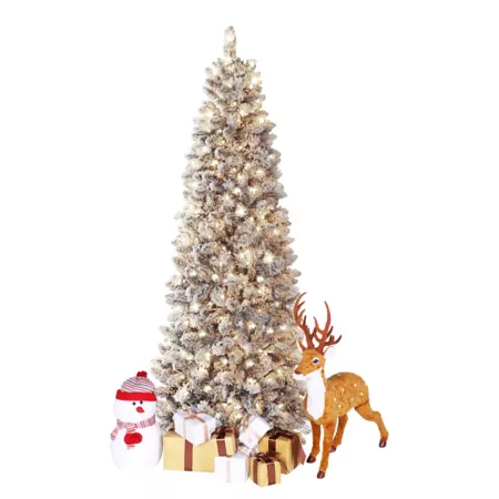 Veikous 7.5ft LED Pre-Lit Artificial Christmas Tree Flocked Pencil with Warm White Light Artificial Christmas Trees