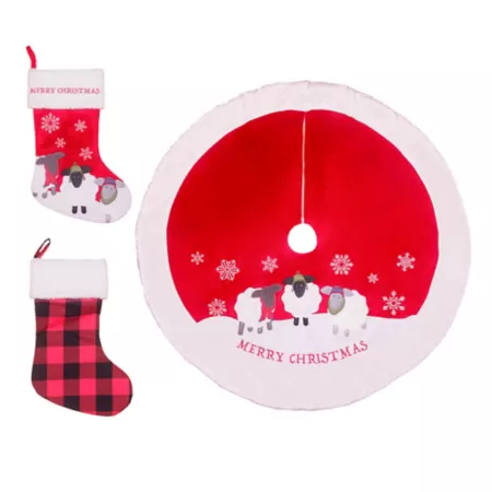 Farm Animals Snowflake Christmas Stockings and Tree Skirt Set Red 3 Pack Christmas Tree Skirts