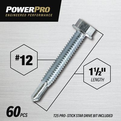 Image showing  #12-24 x 1-1/2 in. Power Pro Premium Star Drive Hex Washer Sheet Metal Screws, 60-Pack