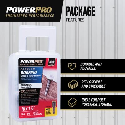 Image showing  #10 x 1-1/2 in. Power Pro Self-Drilling Metal-to-Wood Roofing Screws, Bright White, 1 lb., 98-Pack