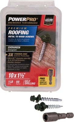 Image showing  #10 x 1-1/2 in. Power Pro Self-Drilling Metal-to-Wood Roofing Screws, Evergreen, 98-Pack