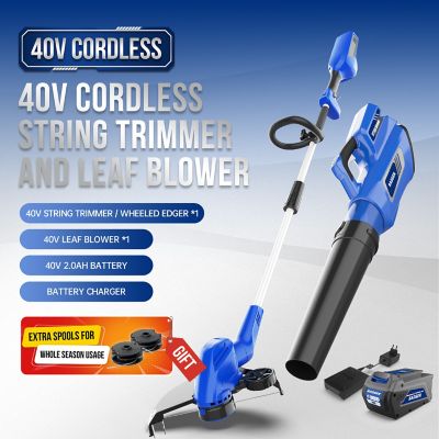 Image showing  13 in. 40V Cordless Brushed Trimmer and Brushed Blower Combo with 2.0Ah Battery and Clip-On Charger, 2-Pack