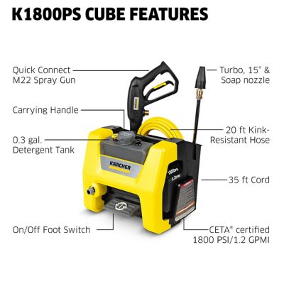 Image showing  1,800 PSI 1.2 GPM Electric Cold Water K1800PS Cube Pressure Washer with Turbo, 15 Degree and Soap Nozzles