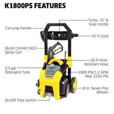 Image showing  1,800 PSI 1.2 GPM Electric Cold Water K1800PS Pressure Washer with Turbo, 15 Degree and Soap Nozzles