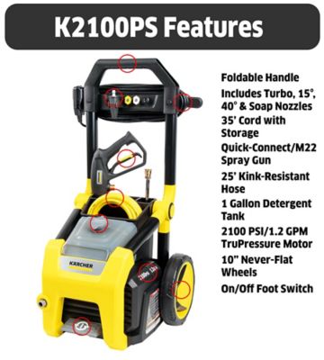Image showing  2,100 PSI 1.2 GPM Electric Cold Water K2100PS Pressure Washer with Turbo, 15 Degree, 40 Degree and Soap Nozzles