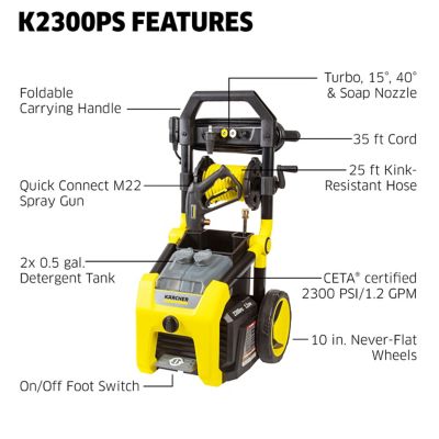 Image showing  2,300 PSI 1.2 GPM Electric Cold Water K2300PS Pressure Washer with Turbo, 15 Degree, 40 Degree, and Soap Nozzles