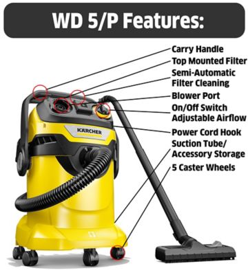 Image showing  Shop Vacuum WD 5 P, 6.6 gal., 6.0 Peak HP, 33 ft. Reach, Heavy Duty, Blower Function, Crevice Tool, Floor Nozzle
