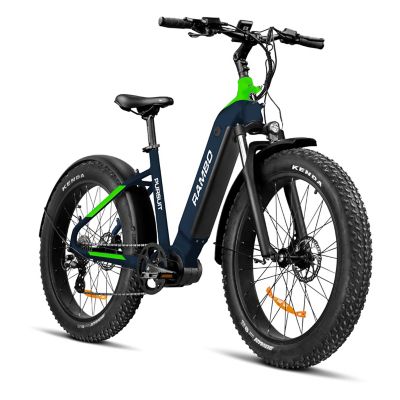 Rambo The Pursuit 2.0 750W Step-Thru Electric Bike - Navy Blue & Neon Green, R750P-ST-BLG Bicycle, Suspension e-bike