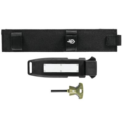 Image showing  Ultimate Satin/Green Fixed Blade Knife, Serrated Edge, Drop Point, Black Sheath with Sharpener