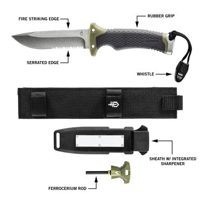 Image showing  Ultimate Satin/Green Fixed Blade Knife, Serrated Edge, Drop Point, Black Sheath with Sharpener