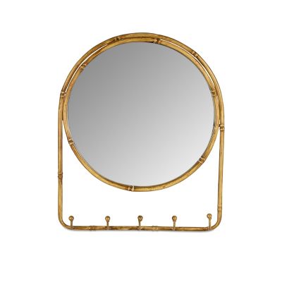 Lone Elm Studios Bamboo Antique Brown Metal Wall Mirror with 5 Hooks, 95668EC