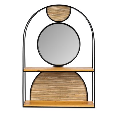 Lone Elm Studios Metal and Wood Wall with Mirror and Two Shelves, 95699EC