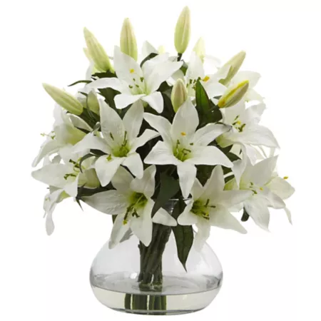 Nearly Natural 16" Silk Lily Arrangement in Glass Vase Artificial Plants & Flowers